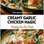 Creamy Garlic Chicken and kale skillet served in a pan with Garlic Cream Sauce For Chicken, perfect for Dinner For Two Ideas At Home.